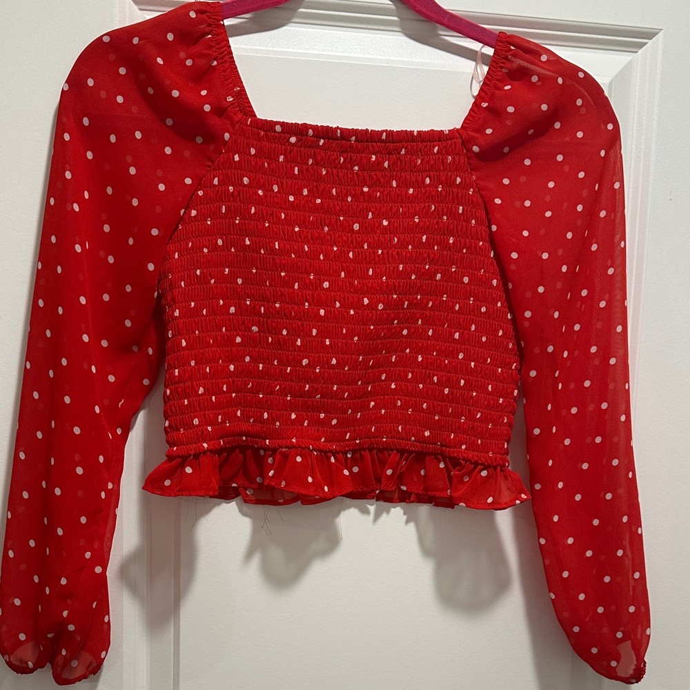 Art Class Red and White Polka Dot Smocked Top